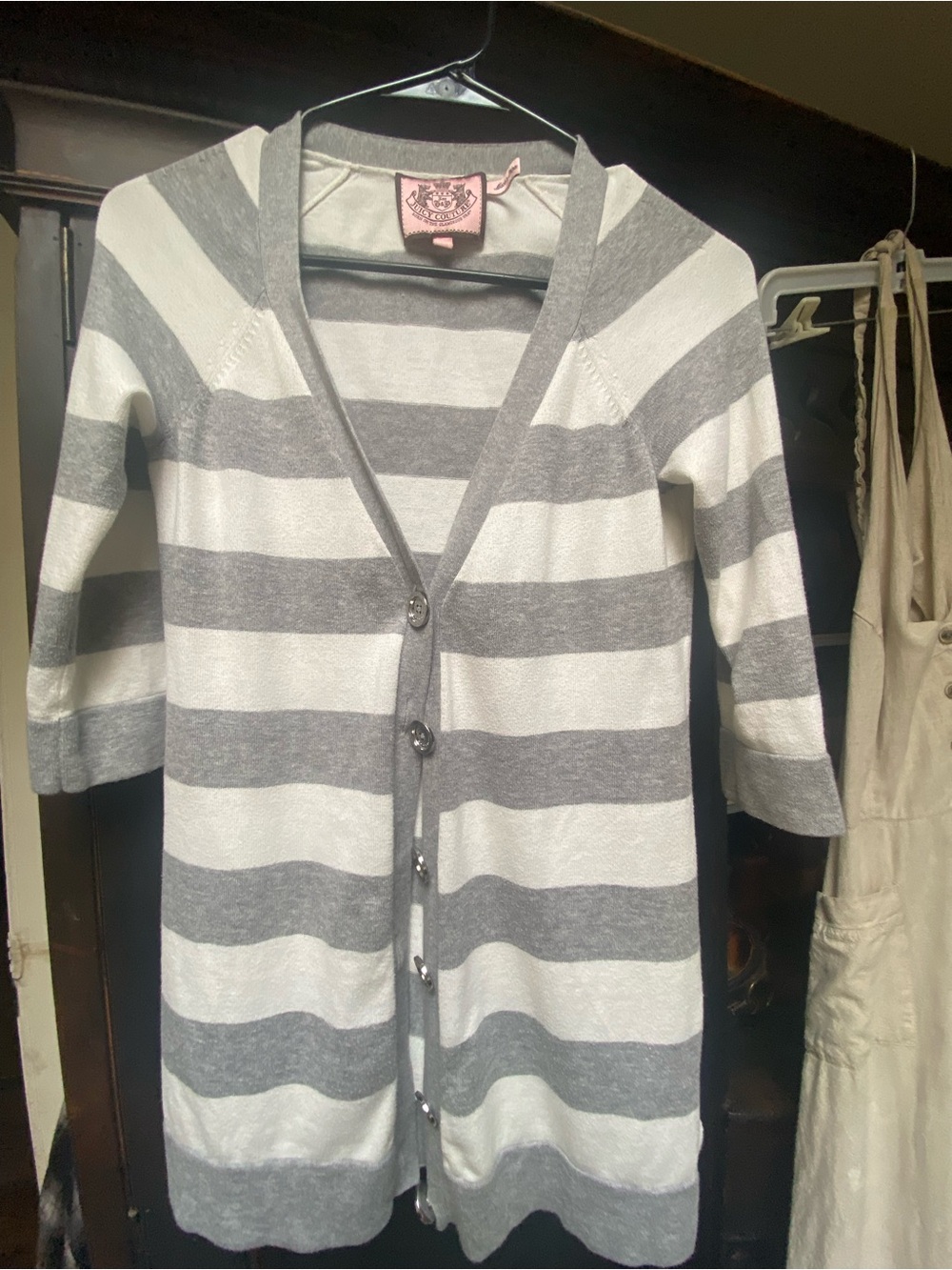 Juicy Couture Gray & White Striped Knit Top with Pink Logo Tag